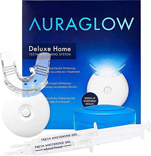 AuraGlow Teeth Whitening Kit with LED Light, (2) 5ml 35% Carbamide Peroxide Gel Syringes, Tray and Case
