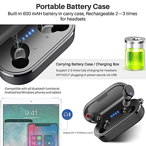 TOZO T10 Bluetooth 5.0 Wireless Earbuds with Charging Case (IPX8 Waterproof) - Built-in Mic, Premium Sound & Deep Bass, Black