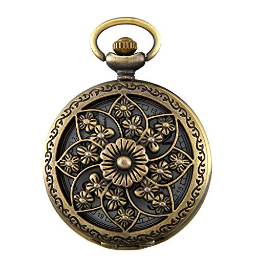JewelryWe Retro Bronze Flower Openwork Quartz Pocket Watch with 32.3" Chain (for Xmas Christmas)