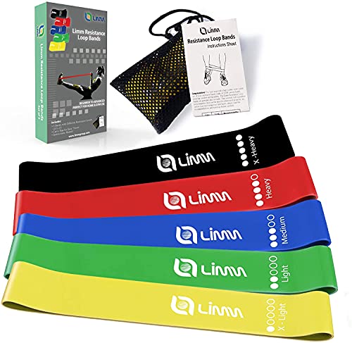 Limm Resistance Loop Exercise Bands Set (5) - Includes Instruction Guide and Carry Bag - Home Workouts (12" x 2")