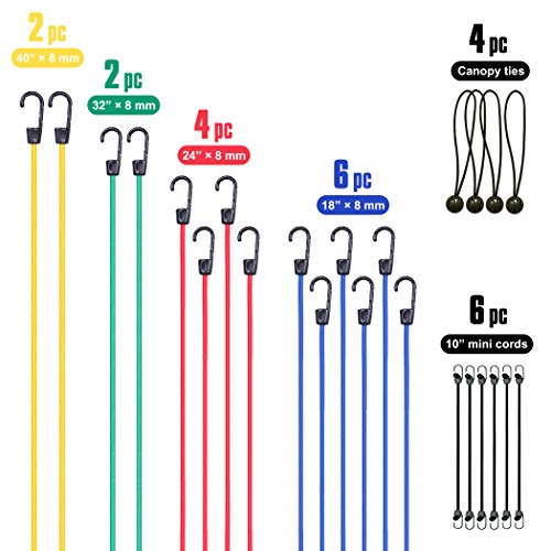 Cartman Bungee Cord Assortment (24 Pieces) - 10"/18"/24"/32"/40" Cords + 8" Canopy/Tarp Ball Ties