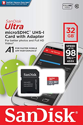 SanDisk 32GB Ultra UHS-I microSDHC Memory Card with Adapter (C10, U1, A1) - 98MB/s, Full HD - SDSQUAR-032G-GN6MA