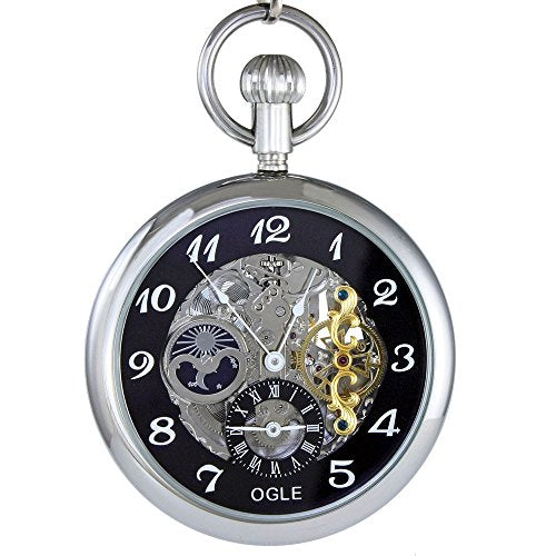 Ogle 3 ATM Waterproof Large Vintage Stainless Steel Moon Phase Double Time Fob Self-Winding Automatic Skeleton Mechanical Pocket Watch with Chain Box (Silver Black)