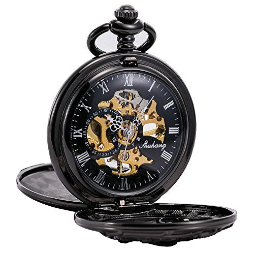 TREEWETO Antique Mechanical Pocket Watch [Dragon Hollow Case] Double Hunter Skeleton Dial with Chain + Box