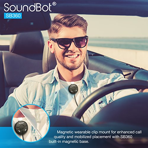 SoundBot SB360 Bluetooth Car Kit with 10W Dual Port USB Charger and Magnetic Mounts [with Built-in 3.5mm Aux Cable]