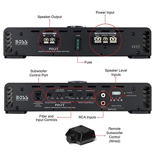 BOSS Audio Systems R1100M Riot 1100W Monoblock Car Subwoofer Amplifier [Class A/B, 2/4 Ohm Stable, Low/High Level Inputs, Low Pass Crossover, Mosfet Power Supply, Stereo]