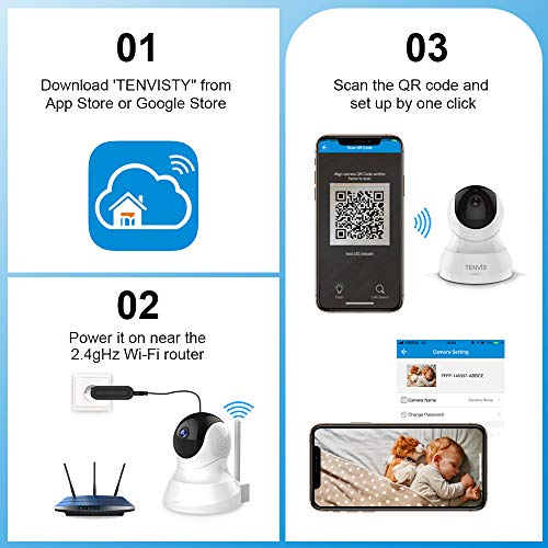 TENVIS 1080P Wireless Home Security Camera (White) with Night Vision, 2-Way Audio, 2.4Ghz Wi-Fi, Monitor Pet/Baby, Phone App.