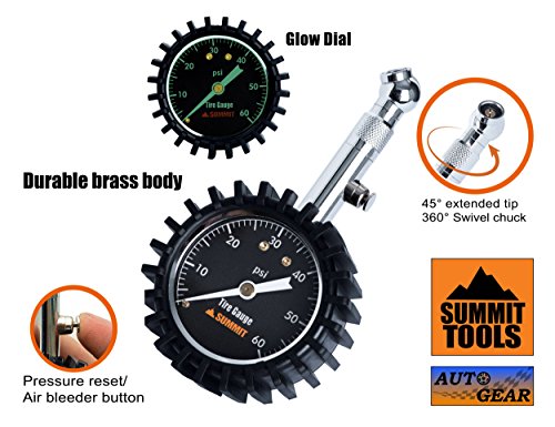 Summit Tools Tire Pressure Gauge with Glow Dial (0-60 PSI, Hold Valve, Pressure Bleeding Button, Rubber Head Cover) Automobile Accessory