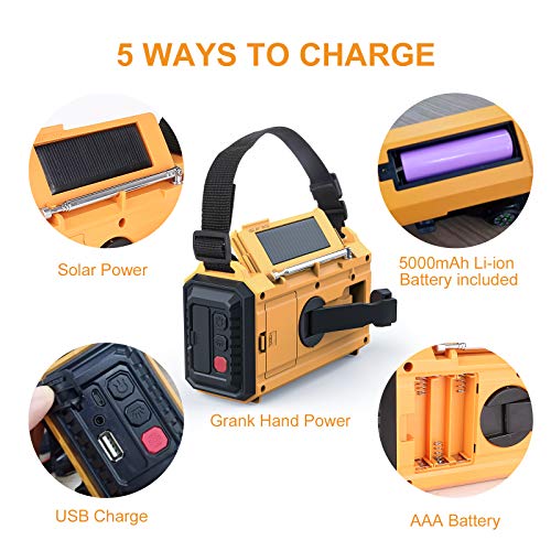Raynic 5000mAh Solar & Hand Crank Emergency Weather Radio with AM/FM/SW/NOAA, 5W Power, Flashlight, Reading Lamp, Cellphone Charger & SOS Alarm (Yellow)