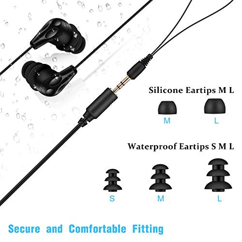 AGPTEK Waterproof In-Ear Earphones (IPX8) with Coiled Cable and Audio Extension Cable, Black
