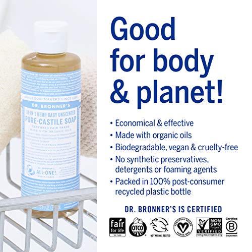 Dr. Bronners Baby Unscented Pure-Castile Liquid Soap (8 oz), Made with Organic Oils, 18-in-1 Uses for Face, Hair, Laundry, Dishes, Sensitive Skin, Babies, No Fragrance, Vegan, Non-GMO
