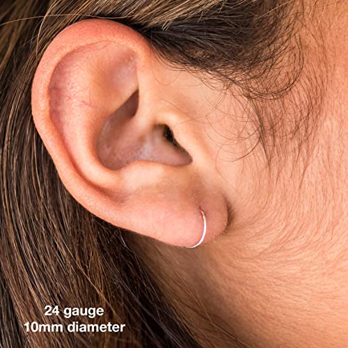 Sterling Silver 10mm Mini Thin Hoop Earrings (24 Gauge, Hypoallergenic, Solid 925). Perfect for Sensitive Ears.