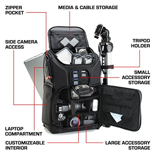 USA GEAR DSLR Camera Backpack Case with 15.6" Laptop Compartment, Padded Dividers, Tripod Holder, Rain Cover and Storage Pockets - Long-Lasting Durability (Black)