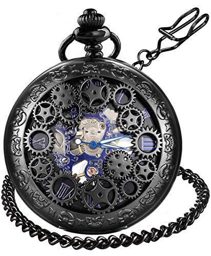 LymFHCH Steampunk Blue Mechanical Skeleton Pocket Watch with Chain (Mens/Womens) - Gift for Graduation, Birthday & Fathers Day