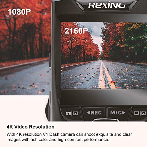 Rexing V1 4K Ultra HD Car Dash Cam with 2.4" LCD Screen, Wi-Fi, 170° Wide Angle, G-Sensor, WDR, Loop Recording, Supercapacitor, Mobile App (256GB Supported)