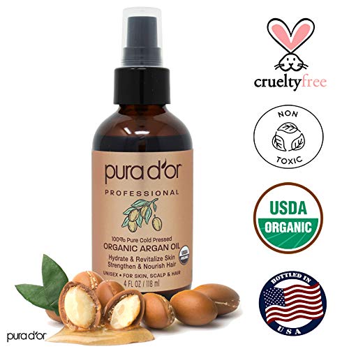 PURA D'OR Organic Moroccan Argan Oil (4oz / 118mL) USDA Certified 100% Pure Cold Pressed Virgin Premium Grade Moisturizer for Dry and Damaged Skin, Hair, Face, Body, Scalp and Nails