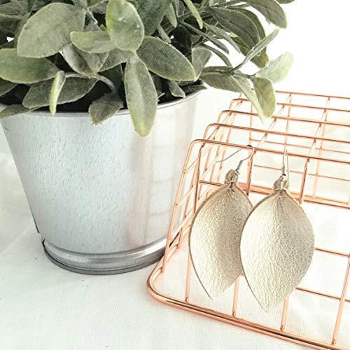 Leather Leaf Earrings for Women by Magnolia Market (Joanna Gaines) - Cream, Metallic Champagne, Handmade Medium Size (2.5"x1.25")