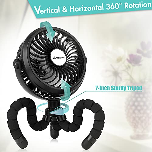 Battery Operated Stroller Fan [Flexible Tripod Clip On, 3 Speeds, Rotatable] - Handheld Personal Fan for Car Seat, Crib, Bike, Treadmill [Black]