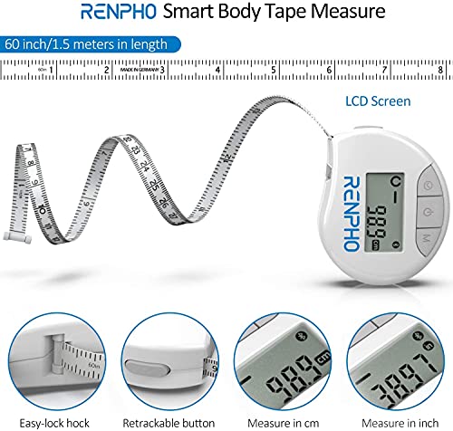 RENPHO Bluetooth Smart Measure Tape for Weight Loss, Muscle Gain, Fitness Bodybuilding (Retractable + Inches & cm)