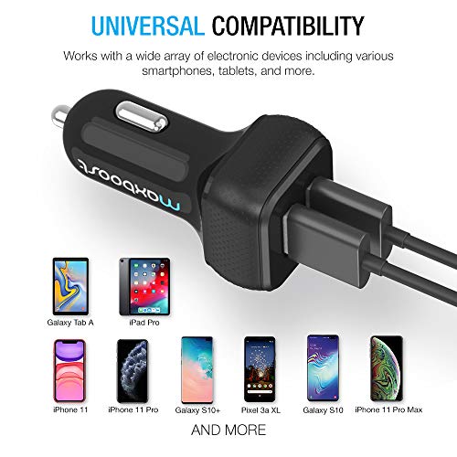 Maxboost 4.8A Car Charger [Black] with SmartUSB Port for iPhone 12 11 Pro Max/XS Max/XR/XS/X/8/7/Plus, Galaxy S20 Ultra/S10/S10+/S10e/Note, LG, Air, Mini, Huawei, Moto, Pixel