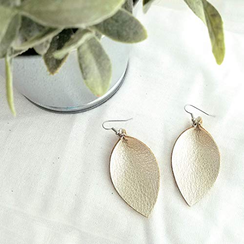 Leather Leaf Earrings for Women by Magnolia Market (Joanna Gaines) - Cream, Metallic Champagne, Handmade Medium Size (2.5"x1.25")