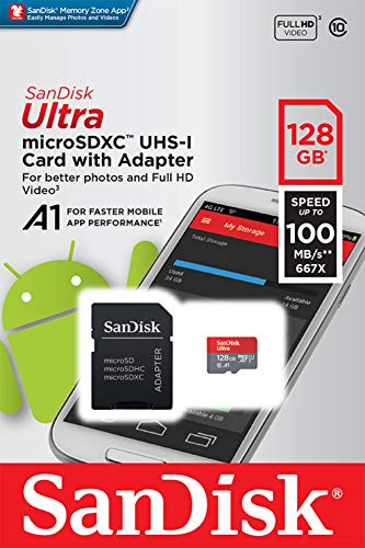 SanDisk 128GB Ultra UHS-I Memory Card with Adapter (C10, U1, A1, Full HD) - 100MB/s Transfer Speeds - SDSQUAR-128G-GN6MA