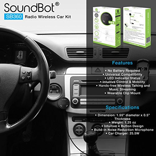 SoundBot SB360 Bluetooth Car Kit with 10W Dual Port USB Charger and Magnetic Mounts [with Built-in 3.5mm Aux Cable]