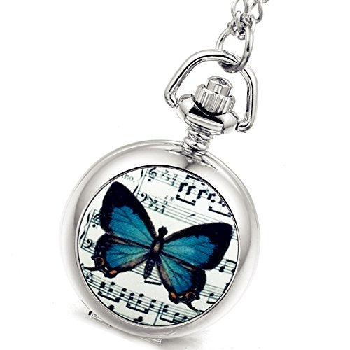 Women's Quartz Pocket Watch Necklace with Butterfly Pendant (Silver), Valentine's Day Gift