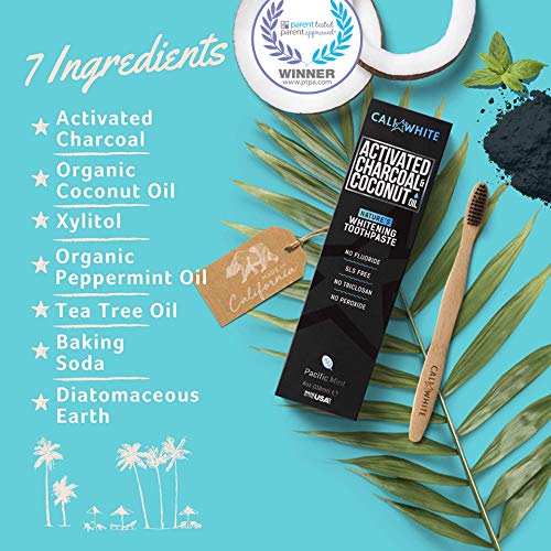 Cali White Organic Coconut Oil & Activated Charcoal Whitening Toothpaste (4oz), Pacific Mint Flavor, Made in USA, Fluoride & Sulfate-Free