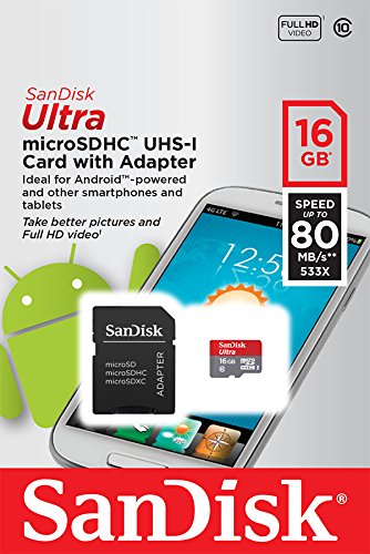 SanDisk Ultra 16GB Micro SDHC UHS-I/Class 10 Memory Card with Adapter (SDSQUNC-016G-GN6MA)