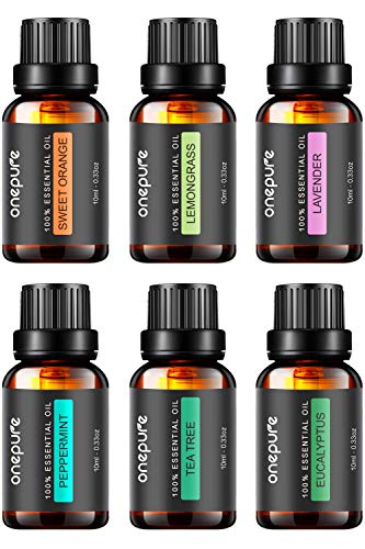 OnePure 6x10ml Essential Oils Set for Diffusers, Humidifiers, Massage & Aromatherapy (Lavender, Tea Tree, Eucalyptus, Lemongrass, Orange, Peppermint)