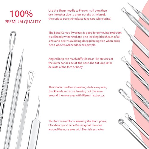 JPNK 6-Piece Comedones Extractor Acne Removal Kit (Blackhead Remover) for Popping Blemish, Whitehead, and Zit Removing on Nose and Face, Includes Leather Bag (Silver)