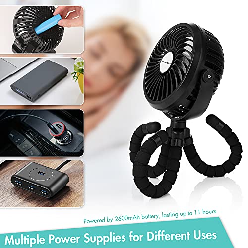 Battery Operated Stroller Fan [Flexible Tripod Clip On, 3 Speeds, Rotatable] - Handheld Personal Fan for Car Seat, Crib, Bike, Treadmill [Black]
