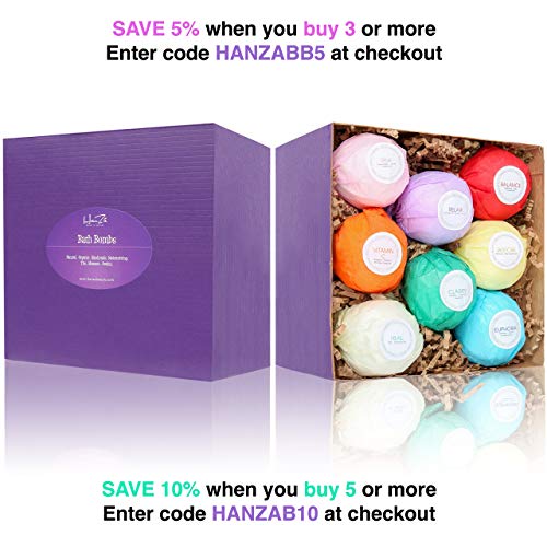 HanZá 8-Piece Bath Bomb Gift Set (Vegan) - Comforting Spa Fizzies for Women and Girls - Perfect for Adding to Bath Bubbles, Beads, Pearls and Flakes.