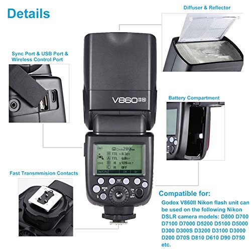 Godox V860II-N 2.4GHz TTL Camera Flash for Nikon D800, D700, D7100, D7000, D5200, D5100, D5000, D300, D300S, D3200, D3100, D3000, D200, D70S, D810, D610, D90, D750