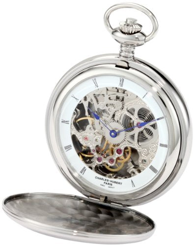 Charles-Hubert Paris 3904-W Premium Collection Stainless Steel Double Hunter Mechanical Pocket Watch (Polished Finish)