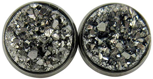 Gunmetal Gray Hematite-Tone Faux Druzy Stone Stud Earrings (12mm)