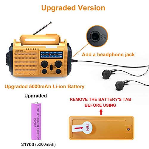 Raynic 5000mAh Solar & Hand Crank Emergency Weather Radio with AM/FM/SW/NOAA, 5W Power, Flashlight, Reading Lamp, Cellphone Charger & SOS Alarm (Yellow)