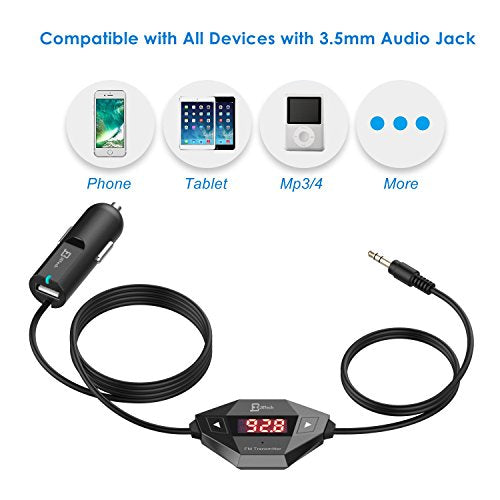 JETech Wireless FM Transmitter Car Kit for Smart Phones with 3.5mm Audio Plug and Car Charger (Black)