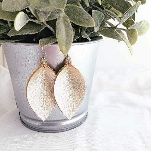 Leather Leaf Earrings for Women by Magnolia Market (Joanna Gaines) - Cream, Metallic Champagne, Handmade Medium Size (2.5"x1.25")