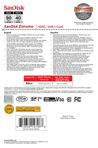 SanDisk 64GB Extreme SDXC UHS-I Memory Card (SDSDXVE-064G-GNCIN), 90MB/s Read Speed, V30 Video Speed Class, UHS-C10, U3, 4K Ultra HD Compatible.