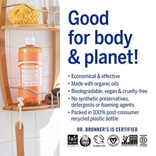 Dr. Bronner's Pure-Castile Liquid Soap - Tea Tree (32 oz), Made with Organic Oils for Acne, Dandruff, Laundry, Pets, Dishes, Vegan, Non-GMO