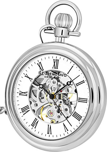 Stuhrling Original Men's Vintage Mechanical Pocket Watch with Stainless Steel Chain (Silver)
