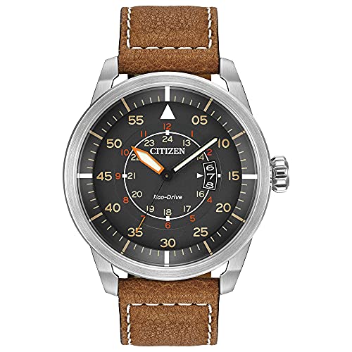 Citizen Eco-Drive Avion Quartz Weekender Mens Watch, AW1361-10H (Stainless Steel & Brown Leather)