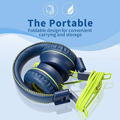 POWMEE M2 Kids Wired Foldable Stereo Headphones with Adjustable Headband, 3.5mm Jack, Tangle-Free Cord (Blue)