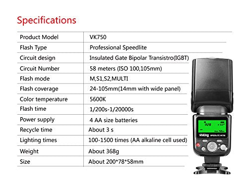 Voking VK750 LCD Flash Speedlite for Nikon, Pentax, Panasonic, Olympus, Fujifilm DSLR/Mirrorless Cameras