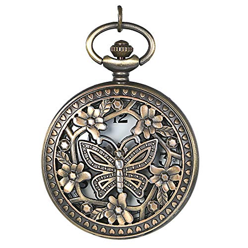 JewelryWe Retro Design Quartz Pocket Watch with 31.5 Inch Bronze Butterfly Flower Openwork Chain (Xmas Christmas)