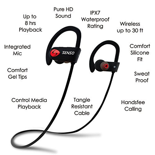 SENSO Wireless Sports Headphones with Microphone, IPX7 Waterproof HD Stereo (8 Hour Battery, Noise Cancelling)