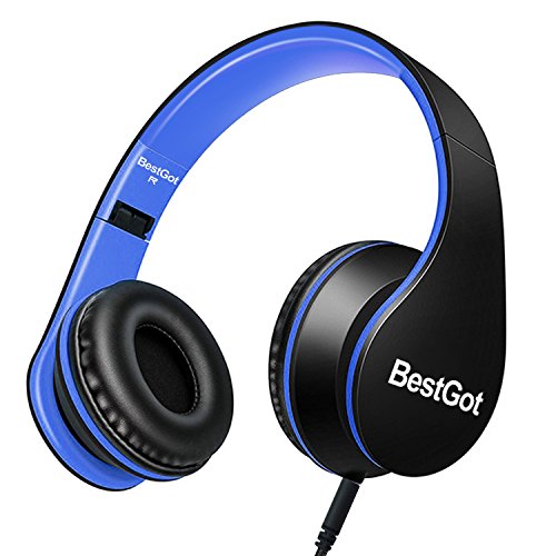 BestGot Children's Headphones with Microphone, Volume Control and Removable Cord (Black/Blue)
