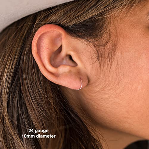 Sterling Silver 10mm Mini Thin Hoop Earrings (24 Gauge, Hypoallergenic, Solid 925). Perfect for Sensitive Ears.